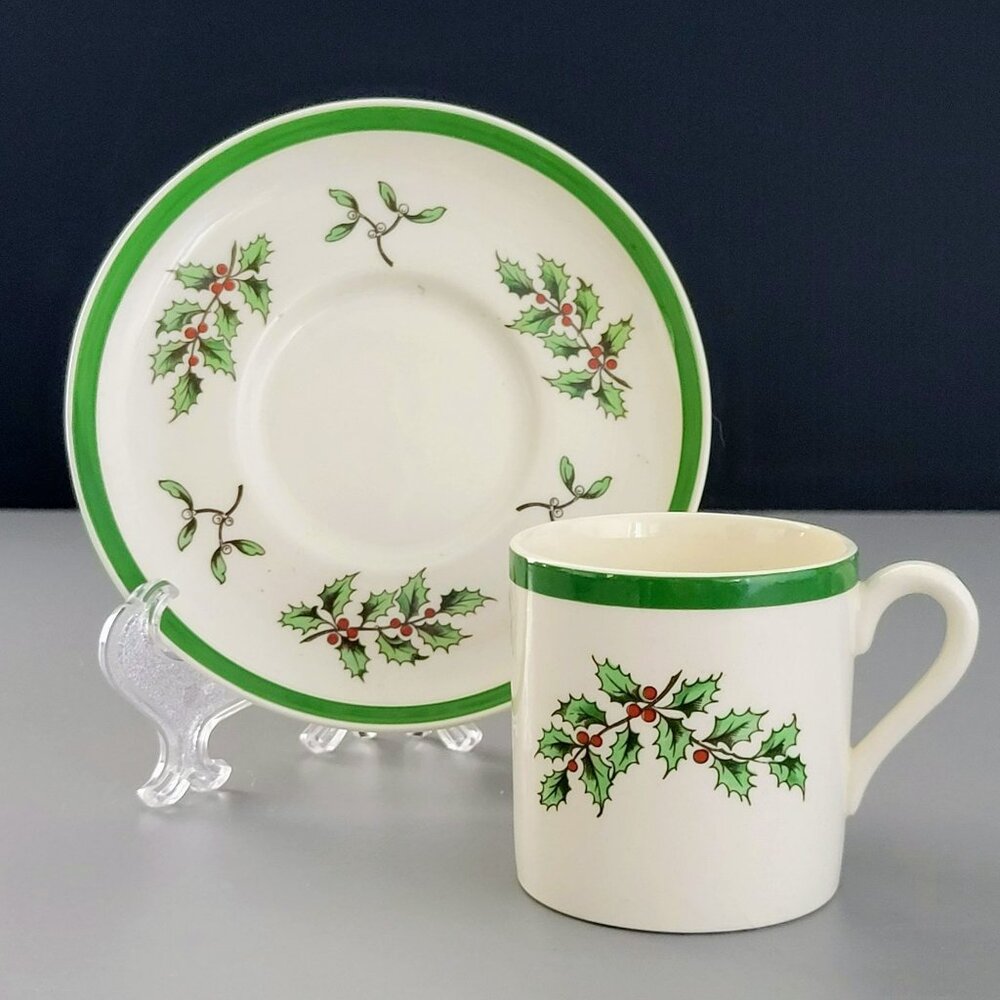 Vintage Spode England Christmas Tree Holly Berry Demitasse Cup & Saucer Set